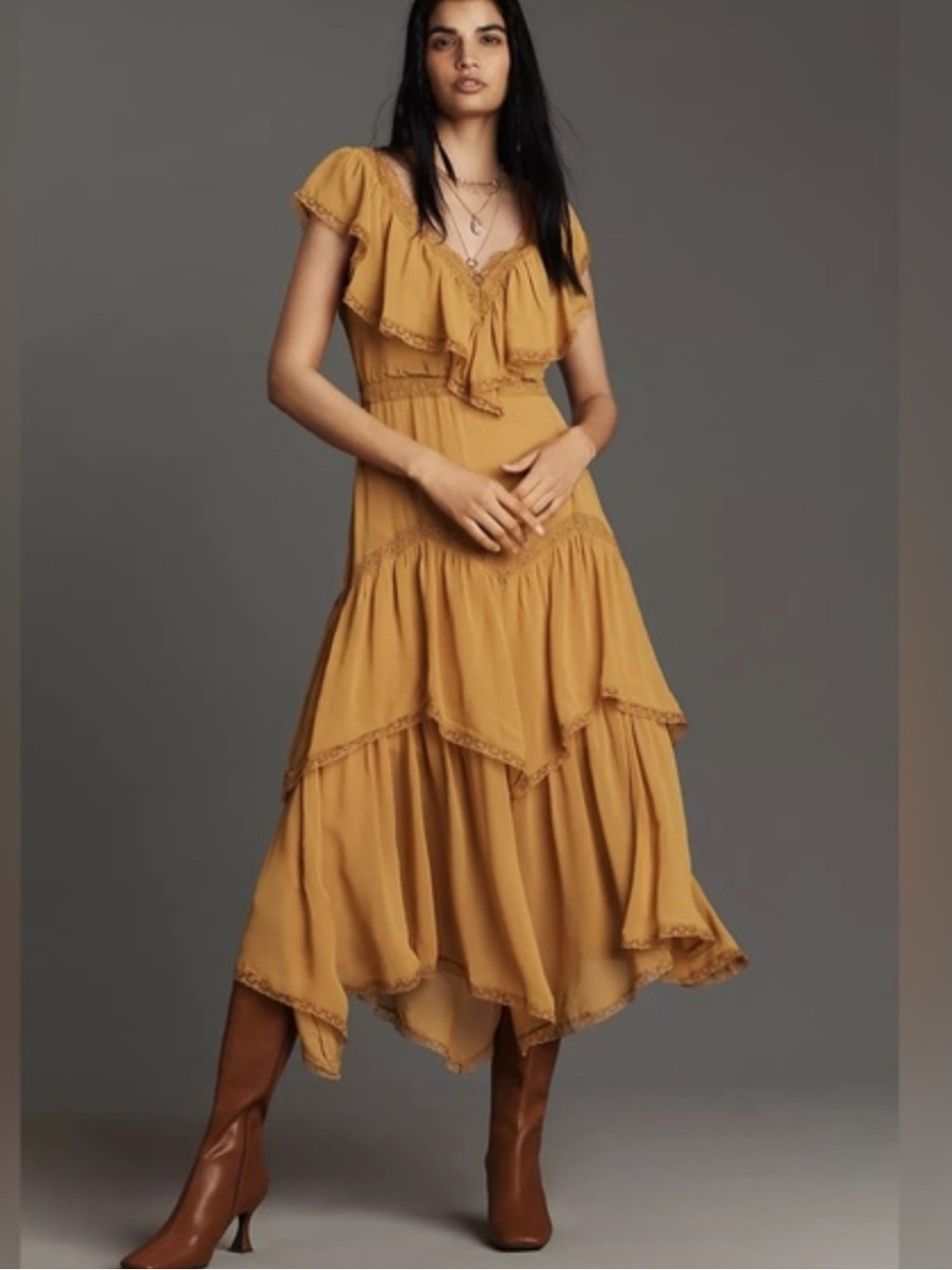 NWT retail $198 sizeM #Anthropologie Mustard Tiered Midi Dress with Ruffle VNeck